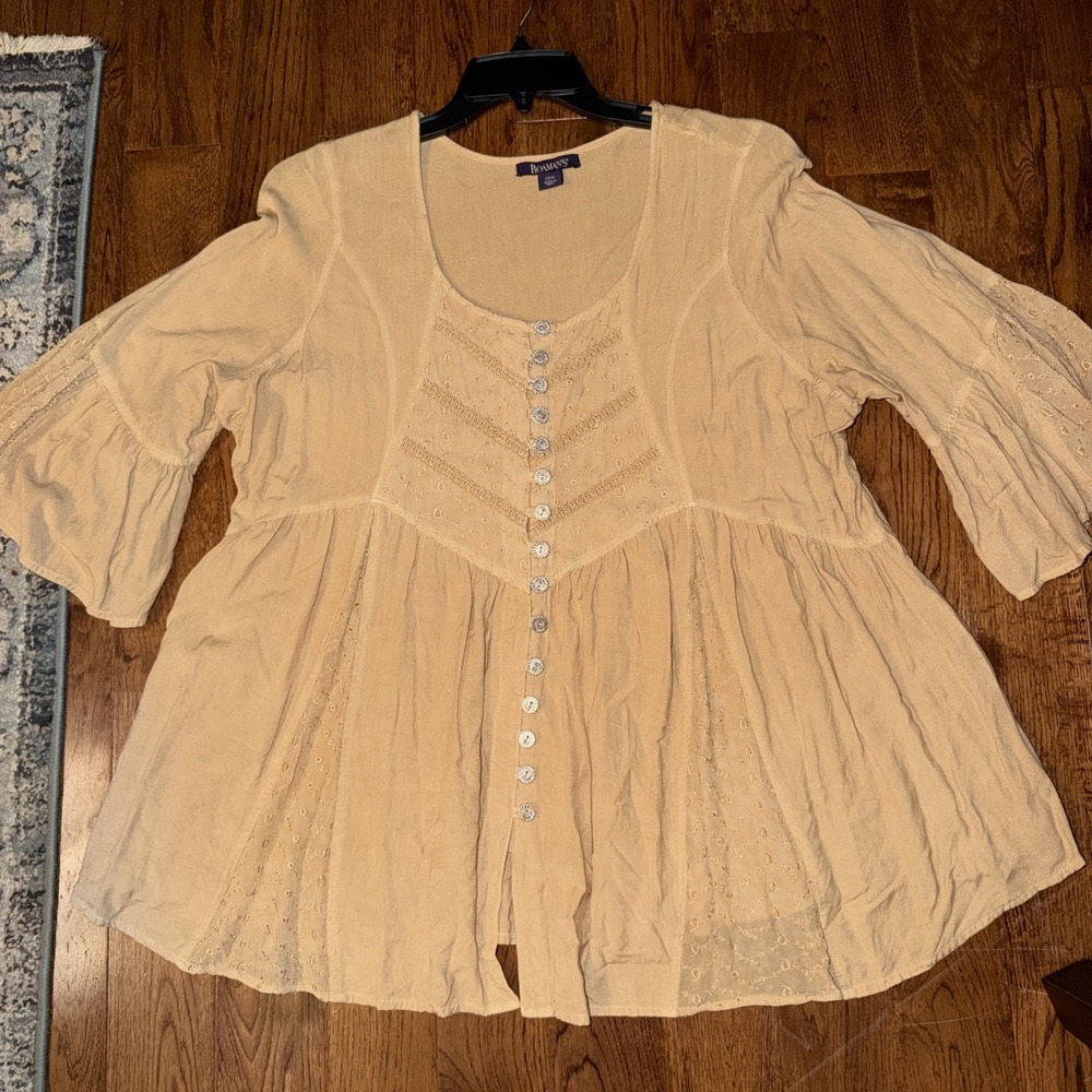 Roaman's Beige Button Up Blouse 22W Embroidered Cottage-core Prairie
